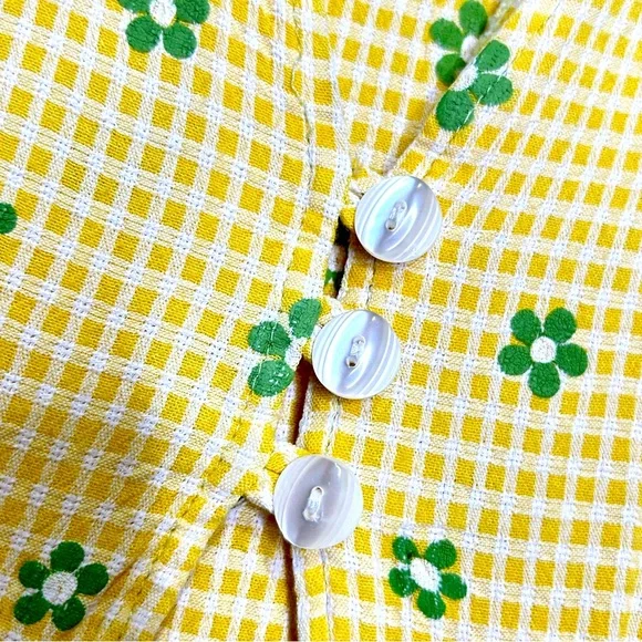 Vintage 90s Flower Power Gingham Maxi Dress Layers Gathers Ties Yellow Stretch S - Picture 6 of 7
